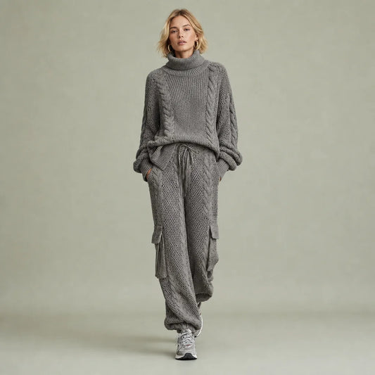 Women's Cozy Cable Knit Sweater Set | Relaxed Turtleneck and Cargo Pants | Stylish Two Piece Lounge Set 0