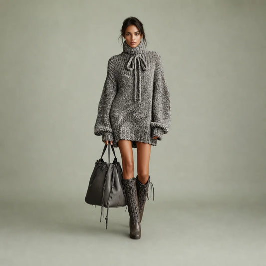 Women's Cozy Knit Mini Dress | Elegant High Neck Long Sleeve Sweater Dress 0