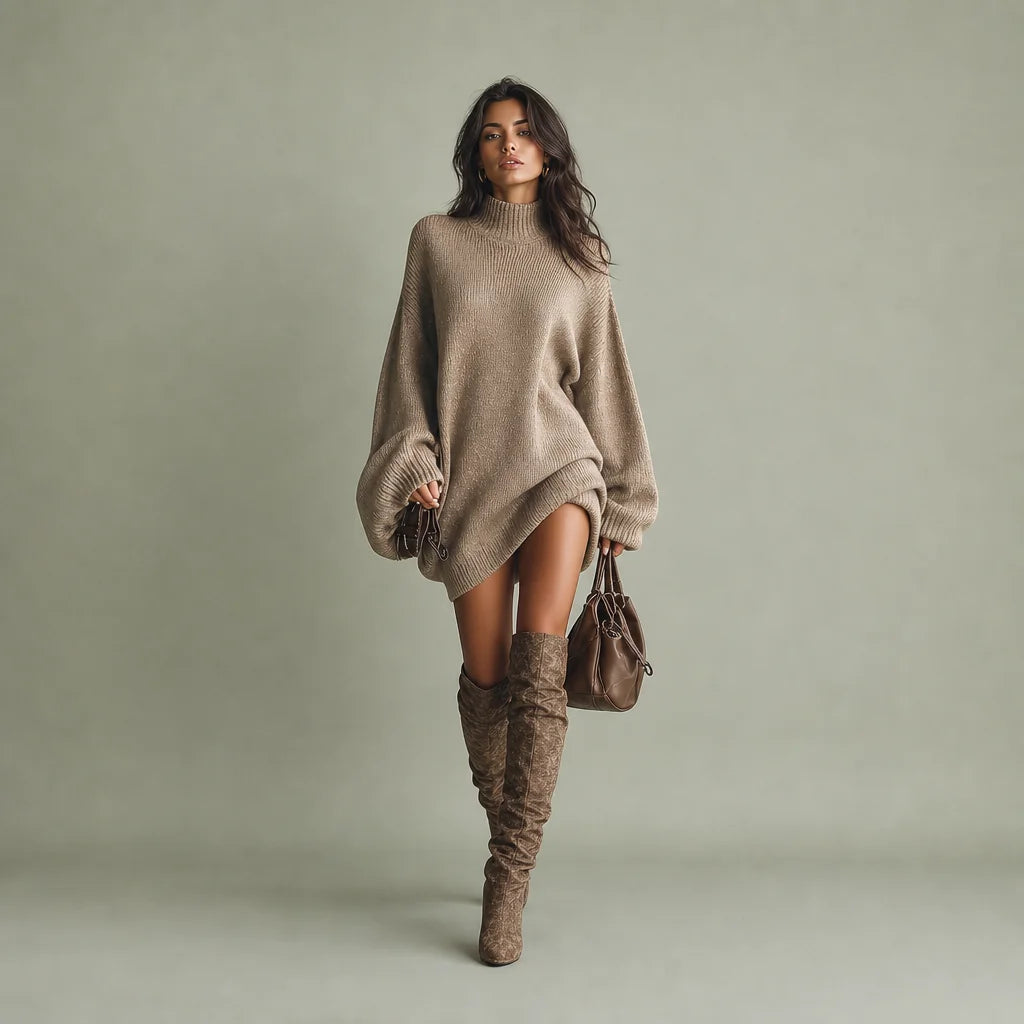 Women's Cozy Knit Mini Dress | Vintage-Inspired Caramel Brown Sweater Dress 0