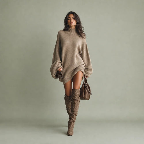 Women's Cozy Knit Mini Dress | Vintage-Inspired Caramel Brown Sweater Dress 0