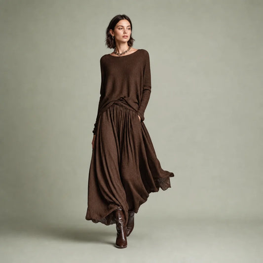 Women's Cozy Knitted Sweater Skirt Set | Stylish Round Neck Two Piece Outfit 0
