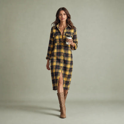 Women's Cozy Plaid Flannel Midi Dress | Stylish Long Sleeve Shirt Dress for Fall Winter 0