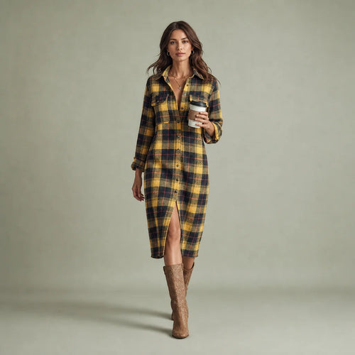 Women's Cozy Plaid Flannel Midi Dress | Stylish Long Sleeve Shirt Dress for Fall Winter 0