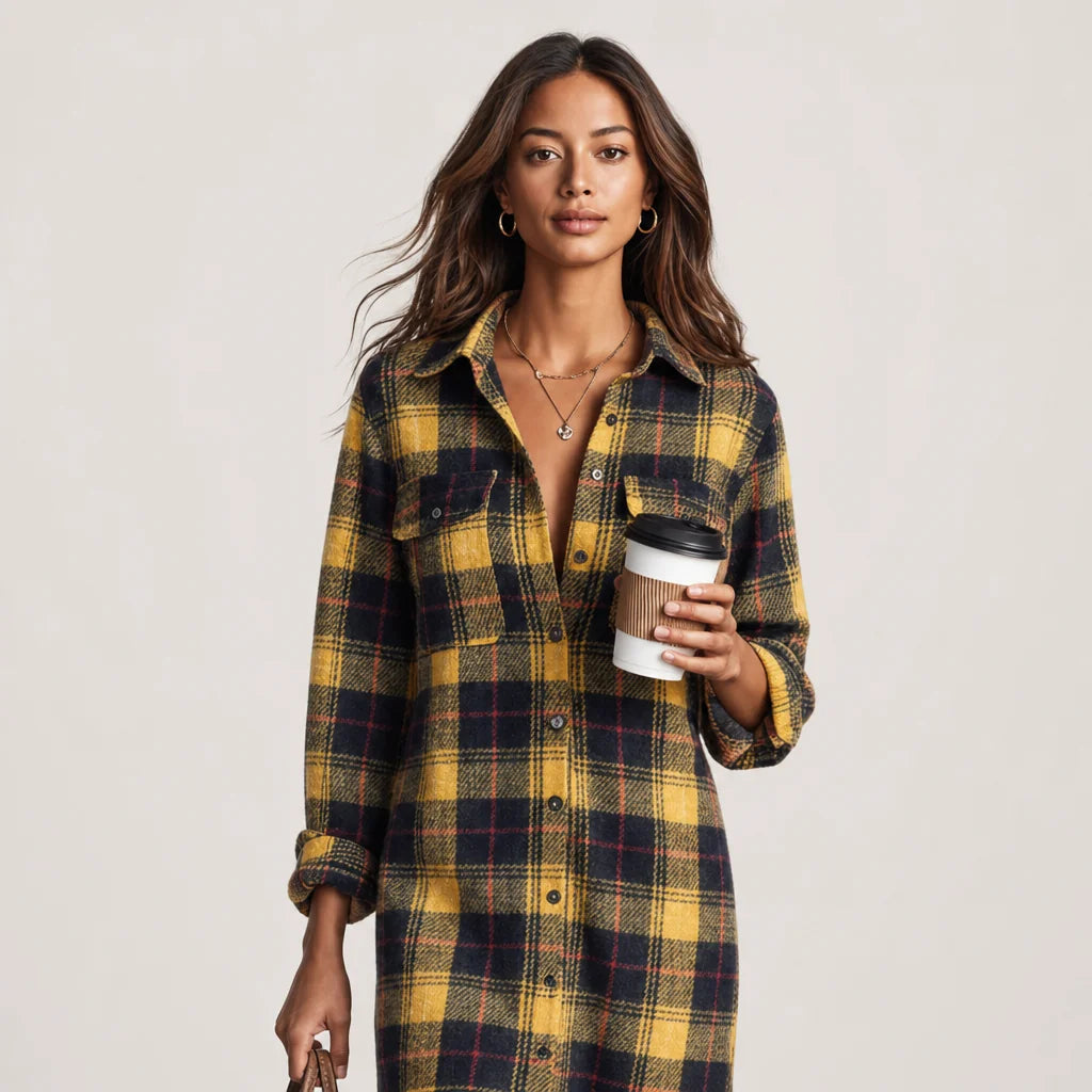 Women's Cozy Plaid Flannel Midi Dress | Stylish Long Sleeve Shirt Dress for Fall Winter 1
