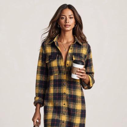 Women's Cozy Plaid Flannel Midi Dress | Stylish Long Sleeve Shirt Dress for Fall Winter 1