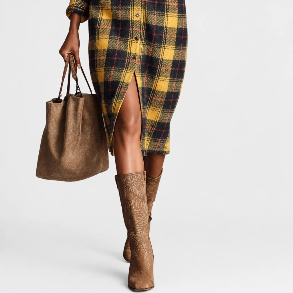 Women's Cozy Plaid Flannel Midi Dress | Stylish Long Sleeve Shirt Dress for Fall Winter 2