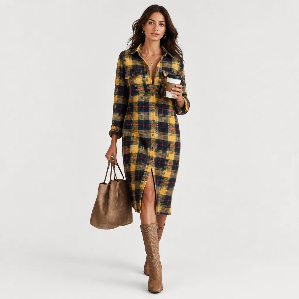 Women's Cozy Plaid Flannel Midi Dress | Stylish Long Sleeve Shirt Dress for Fall Winter 3