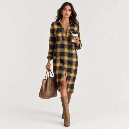 Women's Cozy Plaid Flannel Midi Dress | Stylish Long Sleeve Shirt Dress for Fall Winter 3