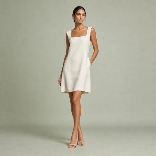 Women's Cream Linen Mini Dress | Elegant Sleeveless Square Neck Summer Dress 0