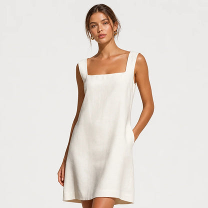 Women's Cream Linen Mini Dress | Elegant Sleeveless Square Neck Summer Dress 1