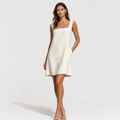 Women's Cream Linen Mini Dress | Elegant Sleeveless Square Neck Summer Dress 2