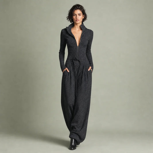 Women's Elegant Sparkling Knit Jumpsuit | Stylish Wide-Leg Zip Front Outfit 0