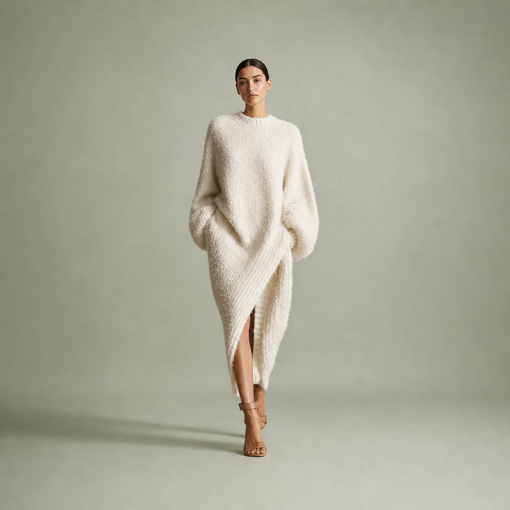 Women's Faux Mink Knit Midi Dress | Cozy Asymmetric Slit Elegant Outfit 0