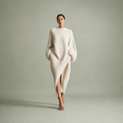 Women's Faux Mink Knit Midi Dress | Cozy Asymmetric Slit Elegant Outfit 0