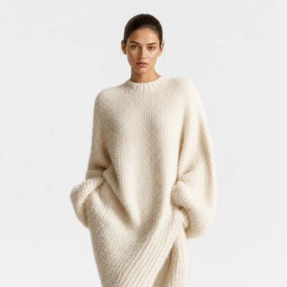 Women's Faux Mink Knit Midi Dress | Cozy Asymmetric Slit Elegant Outfit 1
