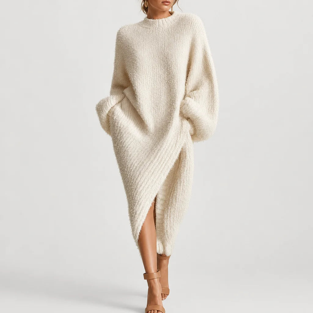 Women's Faux Mink Knit Midi Dress | Cozy Asymmetric Slit Elegant Outfit 2