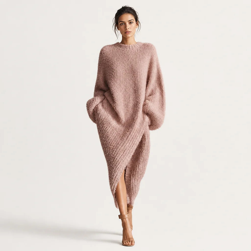 Women's Faux Mink Knit Midi Dress | Cozy Asymmetric Slit Elegant Outfit 5