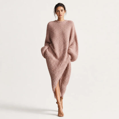 Women's Faux Mink Knit Midi Dress | Cozy Asymmetric Slit Elegant Outfit 5