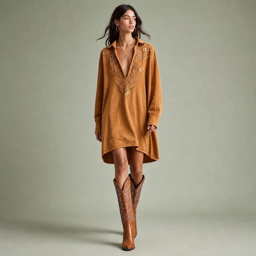 Women's Faux Suede Midi Dress | Elegant Embroidered Long-Sleeve V-Neck Dress 0