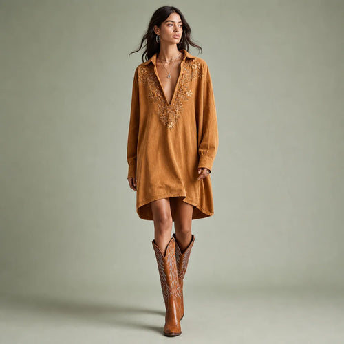 Women's Faux Suede Midi Dress | Elegant Embroidered Long-Sleeve V-Neck Dress 0