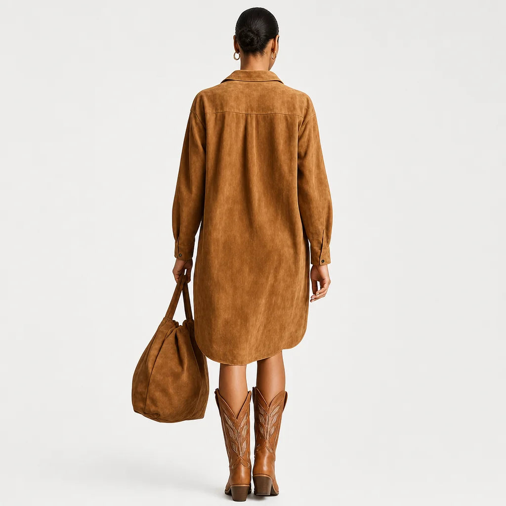 Women's Faux Suede Midi Dress | Elegant Embroidered Long-Sleeve V-Neck Dress 1