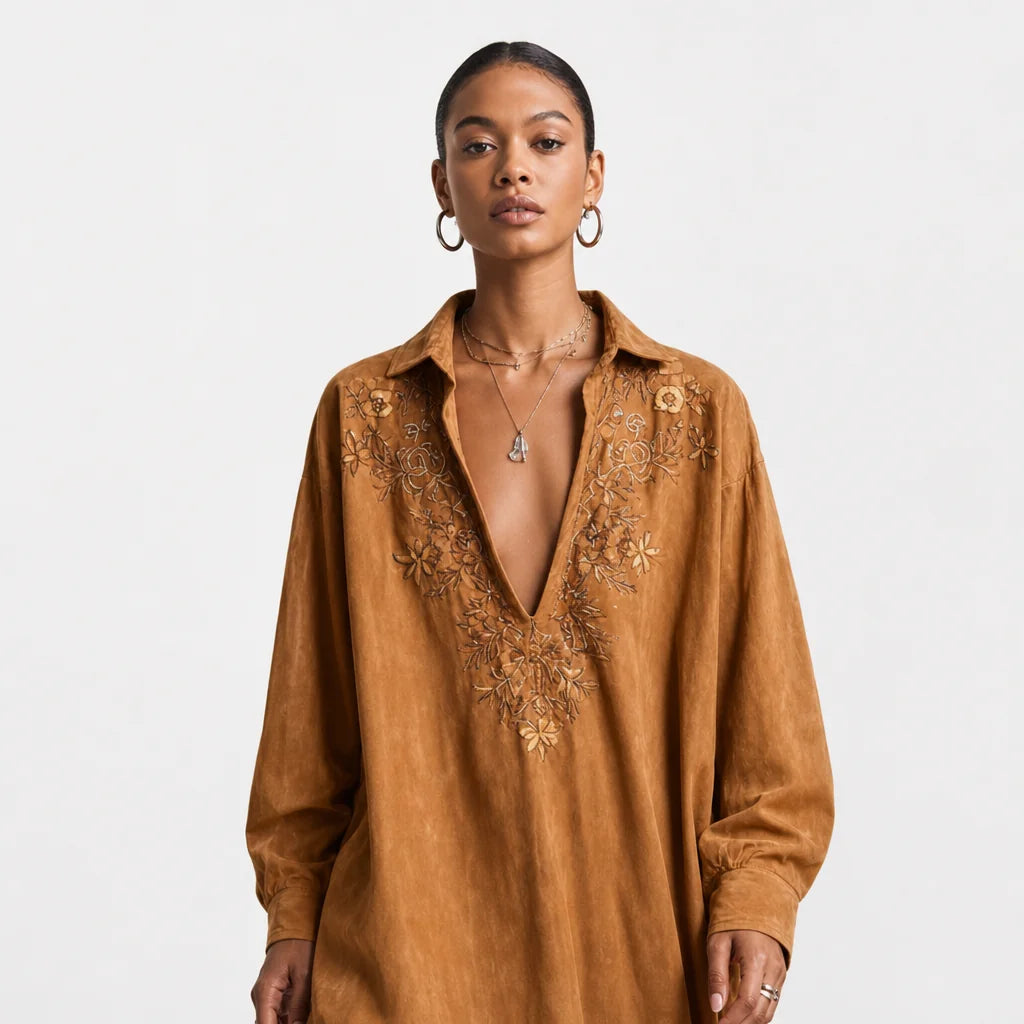 Women's Faux Suede Midi Dress | Elegant Embroidered Long-Sleeve V-Neck Dress 3