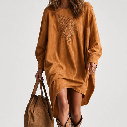 Women's Faux Suede Midi Dress | Elegant Embroidered Long-Sleeve V-Neck Dress 4