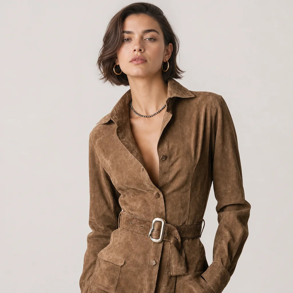 Women's Faux Suede Midi Dress | Elegant Long Sleeve Formal Outfit 1