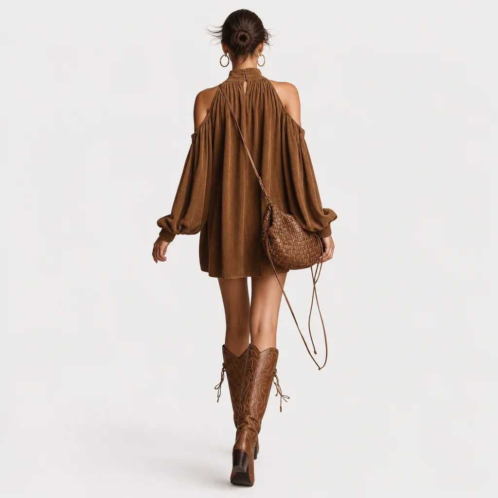 Women's Faux Suede Mini Dress | Elegant Halter Neck with Trendy Lantern Sleeves 1