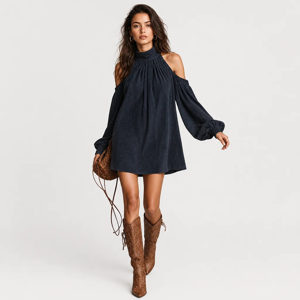 Women's Faux Suede Mini Dress | Elegant Halter Neck with Trendy Lantern Sleeves 2
