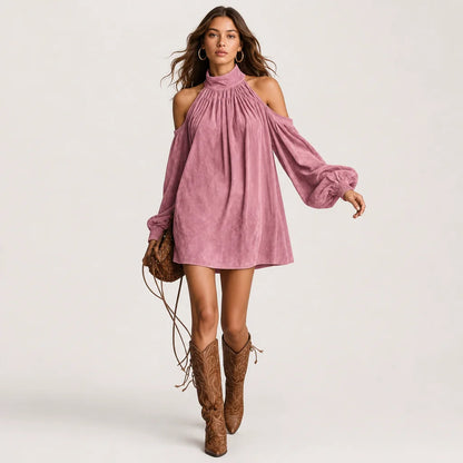 Women's Faux Suede Mini Dress | Elegant Halter Neck with Trendy Lantern Sleeves 3