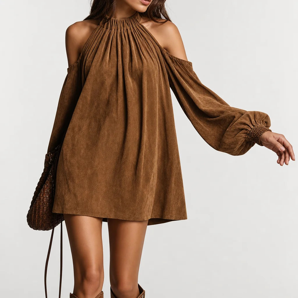 Women's Faux Suede Mini Dress | Elegant Halter Neck with Trendy Lantern Sleeves 5