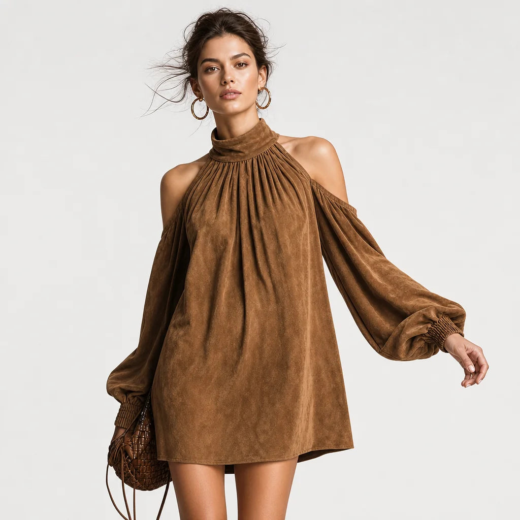 Women's Faux Suede Mini Dress | Elegant Halter Neck with Trendy Lantern Sleeves 6