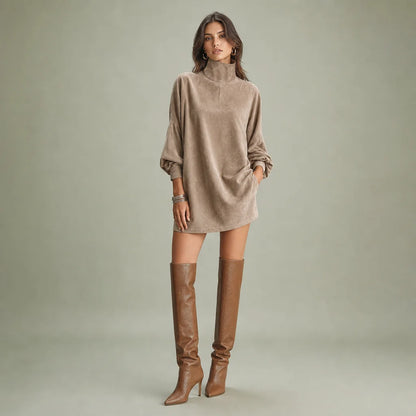 Women's Faux Suede Mini Dress | Elegant High-Neck Loose Fit | Stylish Long Sleeve Dress 0