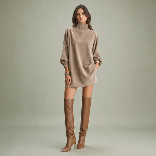 Women's Faux Suede Mini Dress | Elegant High-Neck Loose Fit | Stylish Long Sleeve Dress 0