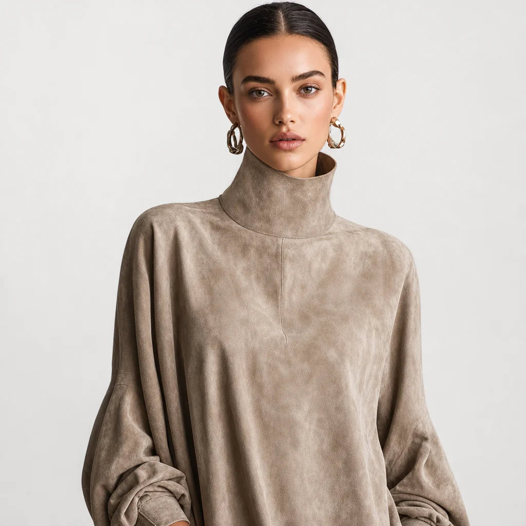 Women's Faux Suede Mini Dress | Elegant High-Neck Loose Fit | Stylish Long Sleeve Dress 1