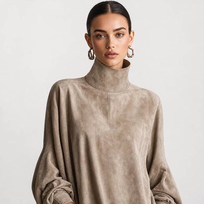 Women's Faux Suede Mini Dress | Elegant High-Neck Loose Fit | Stylish Long Sleeve Dress 1
