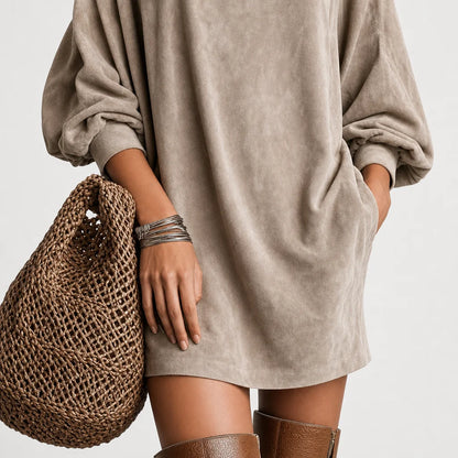 Women's Faux Suede Mini Dress | Elegant High-Neck Loose Fit | Stylish Long Sleeve Dress 2