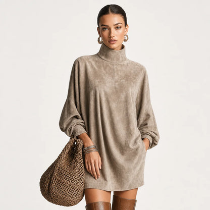 Women's Faux Suede Mini Dress | Elegant High-Neck Loose Fit | Stylish Long Sleeve Dress 3