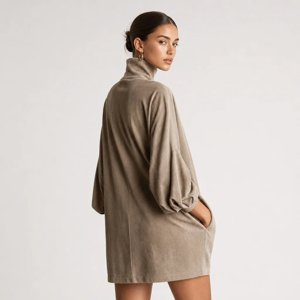 Women's Faux Suede Mini Dress | Elegant High-Neck Loose Fit | Stylish Long Sleeve Dress 4