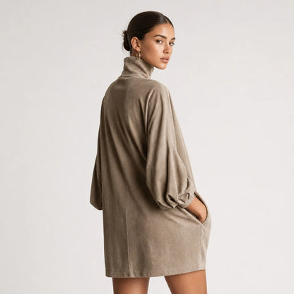 Women's Faux Suede Mini Dress | Elegant High-Neck Loose Fit | Stylish Long Sleeve Dress 4