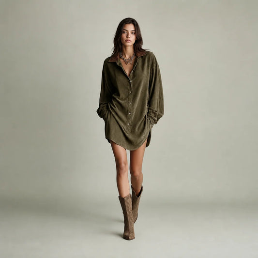 Women's Faux Suede Mini Dress | Stylish Loose Fit with Leather Lapel 0