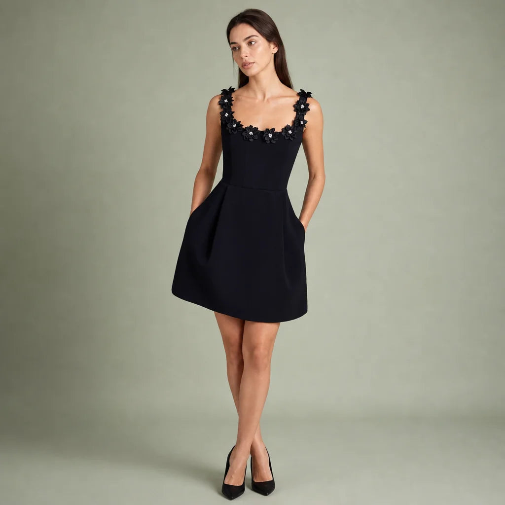 Women's Floral Appliqué Mini Sheath Dress | Elegant Square Neck Summer Dress 0