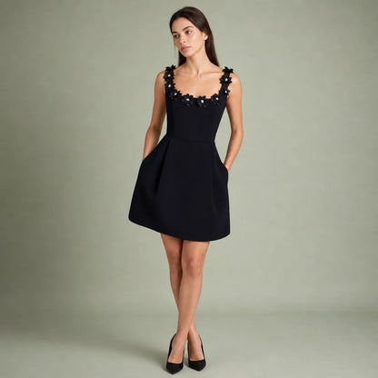 Women's Floral Appliqué Mini Sheath Dress | Elegant Square Neck Summer Dress 0