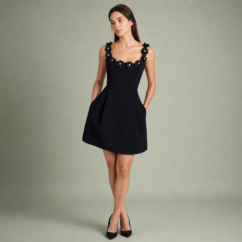 Women's Floral Appliqué Mini Sheath Dress | Elegant Square Neck Summer Dress 0