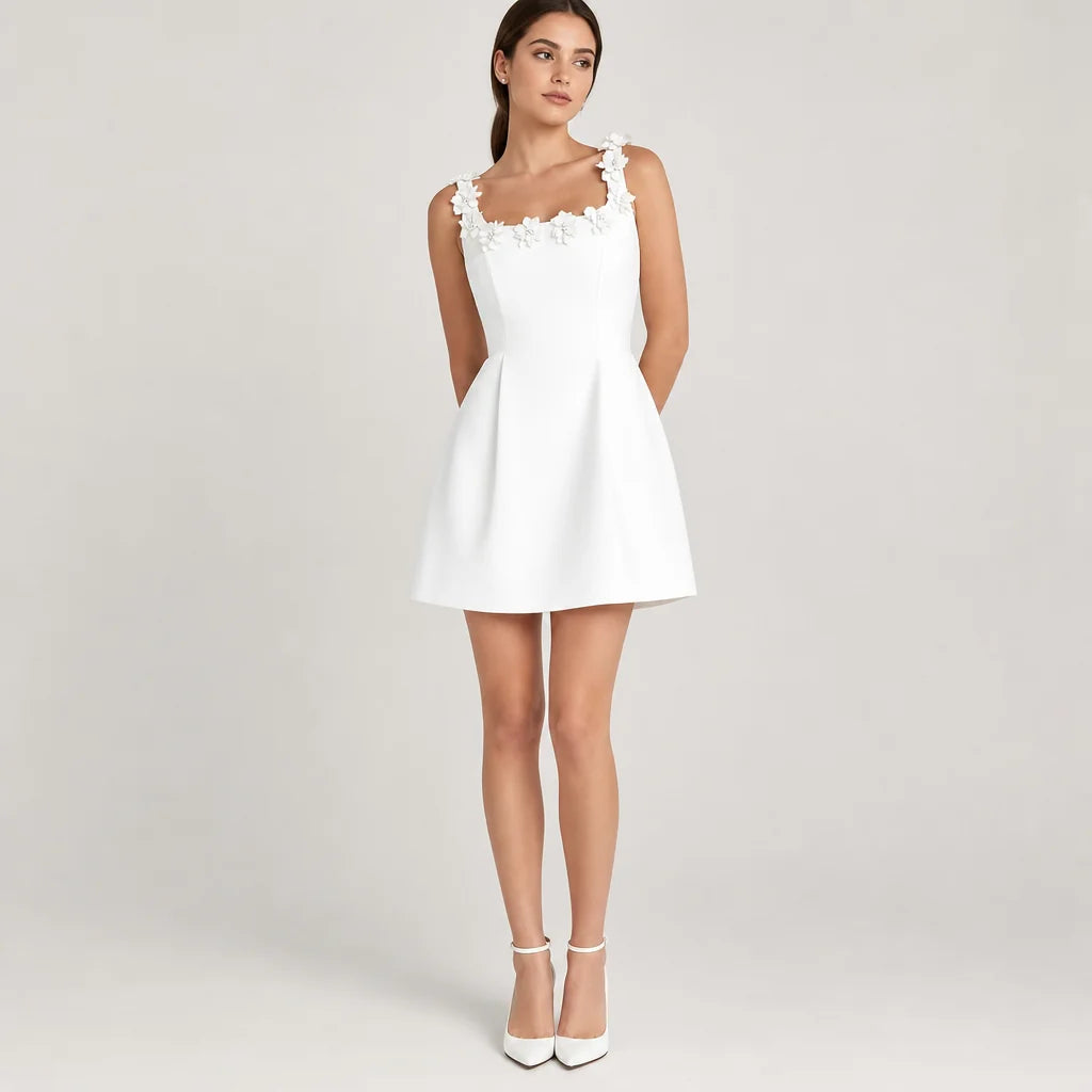 Women's Floral Appliqué Mini Sheath Dress | Elegant Square Neck Summer Dress 1