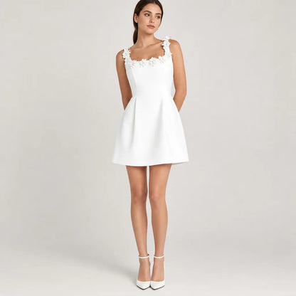 Women's Floral Appliqué Mini Sheath Dress | Elegant Square Neck Summer Dress 1