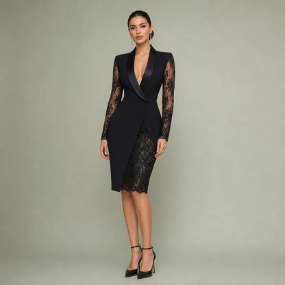 Women's Floral Lace Midi Dress | Elegant Bodycon Cocktail Dress with Sheer Sleeves 0