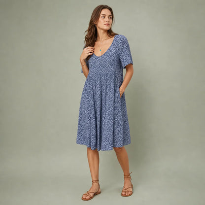 Women's Floral Print V-Neck Smock Dress | Breezy Casual Summer Maxi Dress 0