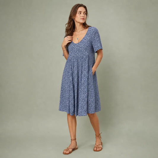 Women's Floral Print V-Neck Smock Dress | Breezy Casual Summer Maxi Dress 0